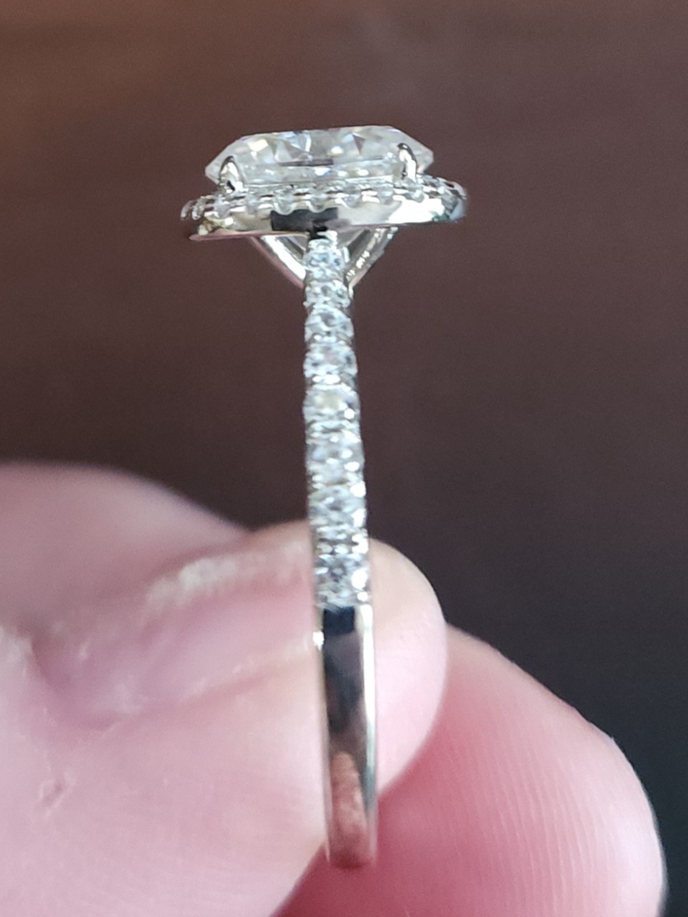 Sterling Silver Oval Halo Ring with Clear Moissanite Center - Picture 4 of 5